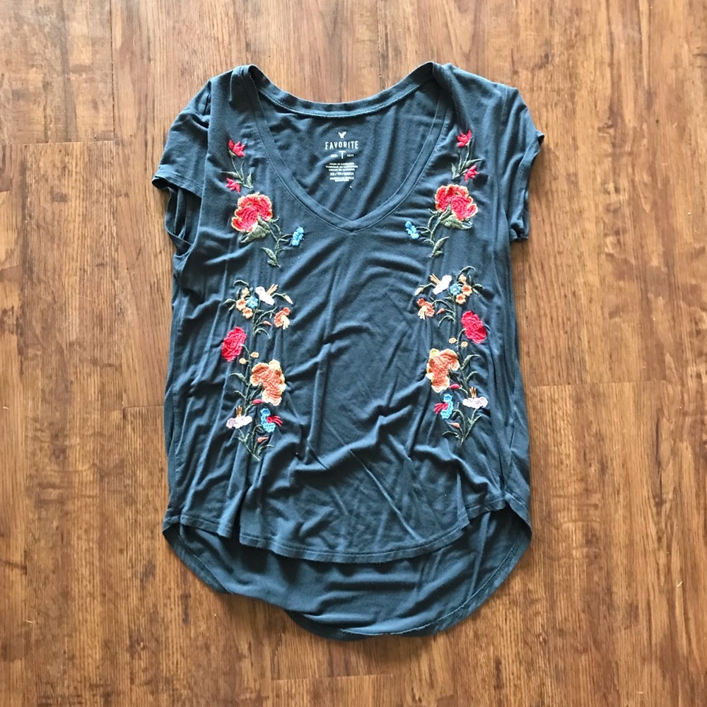 gray embroidered top